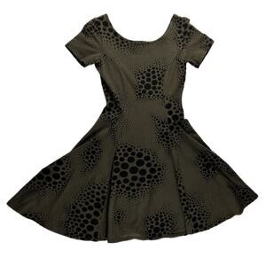 EUC Rare Nooworks Olive Green Polka Dot Short Sleeve Mini Dress Women’s Sz Small